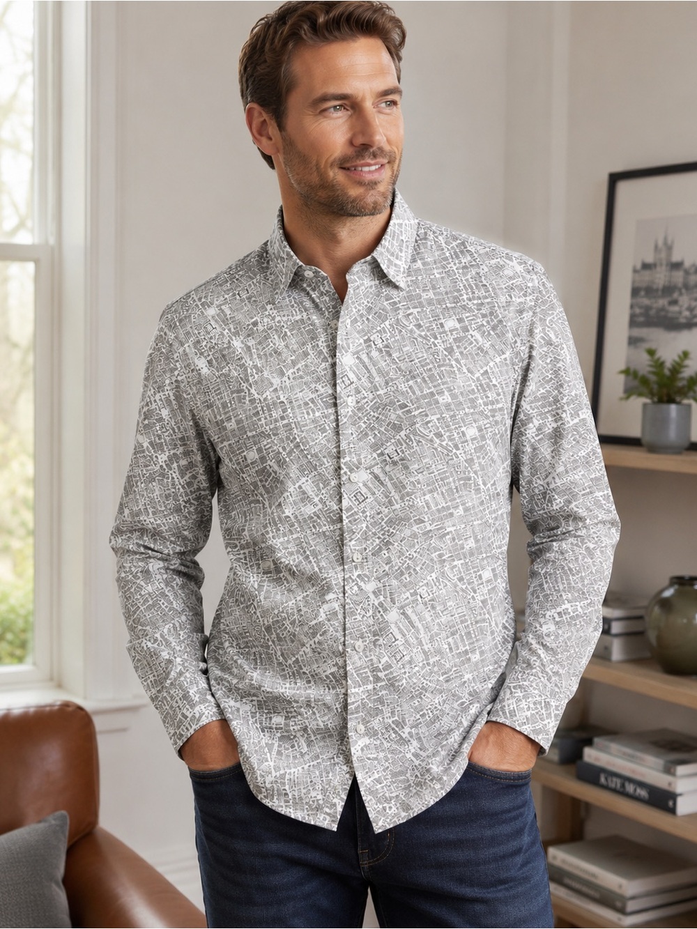 Boden Men’s Medium London Map Print Button-Down Shirt Regular Fit Gray & White